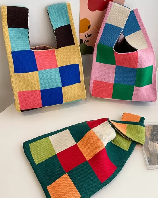 Casual Checkerboard Contrast Color Color-Block Bags Accessories Handbags