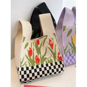 Checkerboard Floral Printed Woven Handbag Bags Accessories