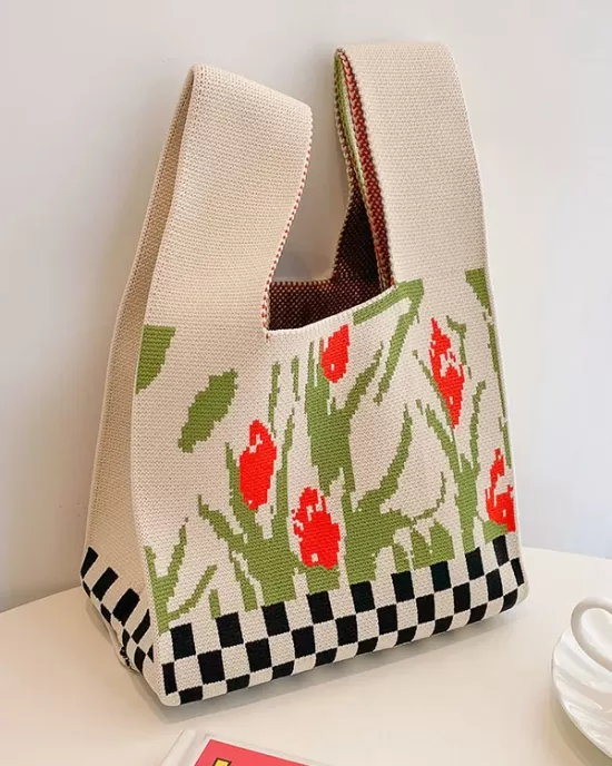 Checkerboard Floral Printed Woven Handbag Bags Accessories