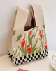 Checkerboard Floral Printed Woven Handbag Bags Accessories