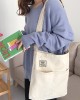 Simple Solid Color With-pockets Canvas Handbag