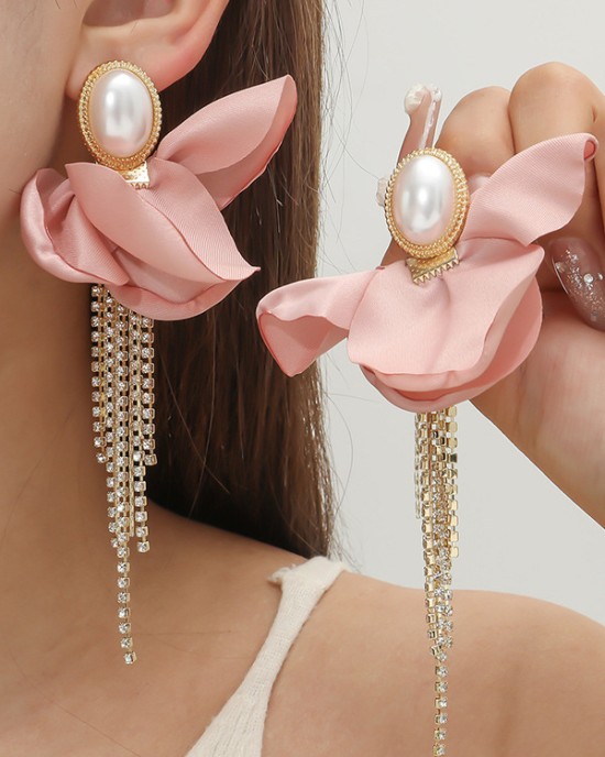 Flower Shape Rhinestone Tasseled Earrings Accessories