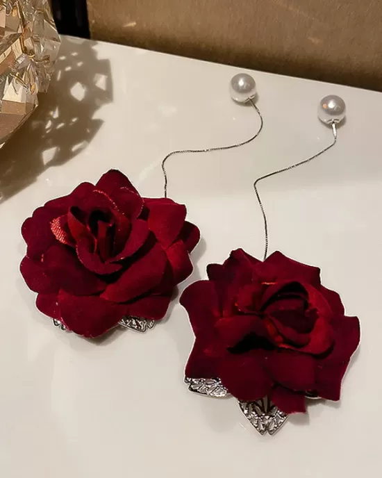 Vintage Red Rose Floral Pearl Earrings Accessories