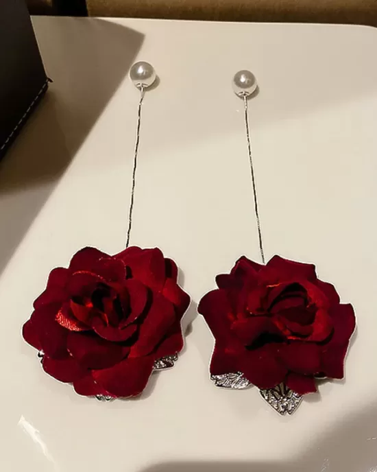 Vintage Red Rose Floral Pearl Earrings Accessories