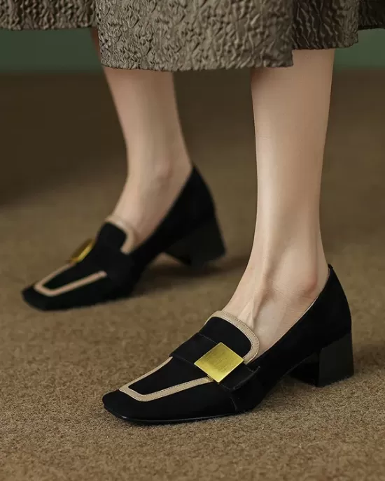 Contrast Color Square-Toe Mid Heels Loafers