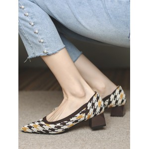 Contrast Color Houndstooth Pointed-Toe Round Cut Pumps Mid Heels