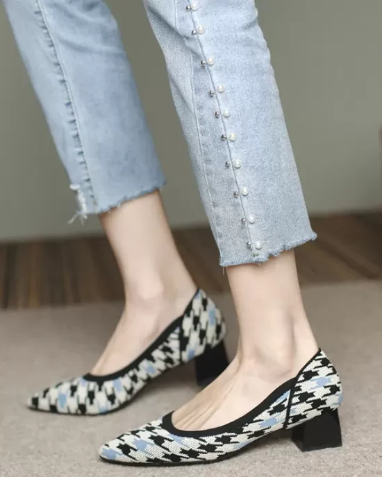 Contrast Color Houndstooth Pointed-Toe Round Cut Pumps Mid Heels