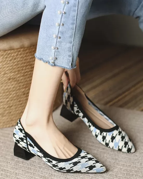 Contrast Color Houndstooth Pointed-Toe Round Cut Pumps Mid Heels