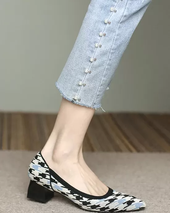 Contrast Color Houndstooth Pointed-Toe Round Cut Pumps Mid Heels