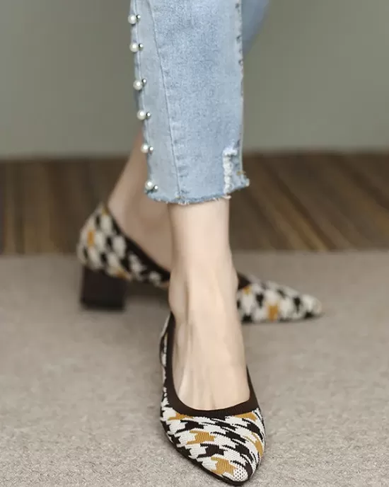 Contrast Color Houndstooth Pointed-Toe Round Cut Pumps Mid Heels