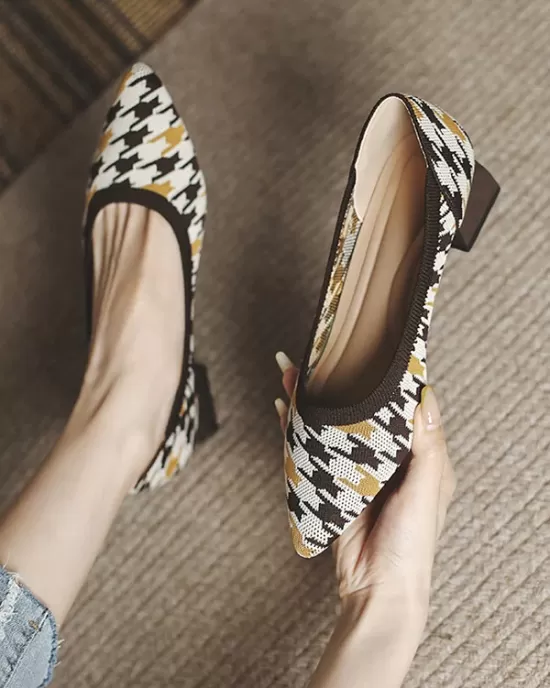 Contrast Color Houndstooth Pointed-Toe Round Cut Pumps Mid Heels