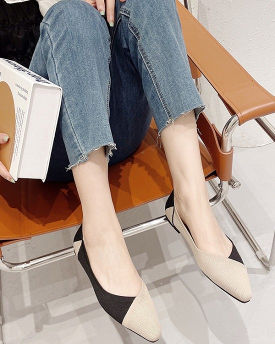 Contrast Color Pointed-Toe Split-Joint V-Cut Flats Flat Shoes