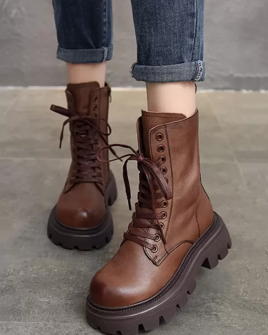 Vintage Cow Leather Mid Heels Height Boots