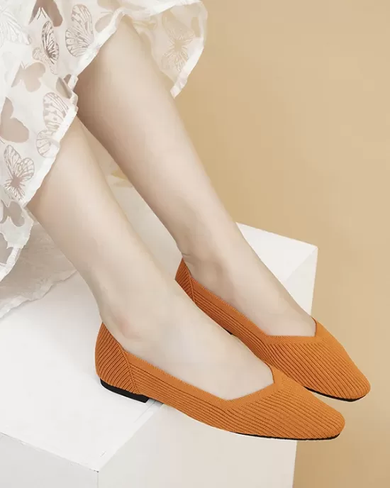 Solid Color Split-Joint Square-Toe V-Cut Flat Shoes