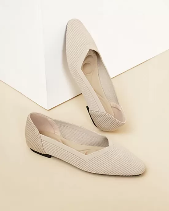 Solid Color Split-Joint Square-Toe V-Cut Flat Shoes