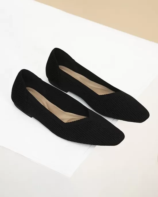 Solid Color Split-Joint Square-Toe V-Cut Flat Shoes