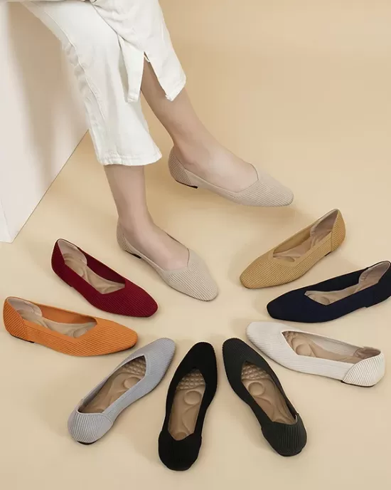 Solid Color Split-Joint Square-Toe V-Cut Flat Shoes