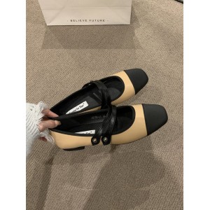 Contrast Color Round Cut Split-Joint Square-Toe Low Heels Flat Shoes Flats