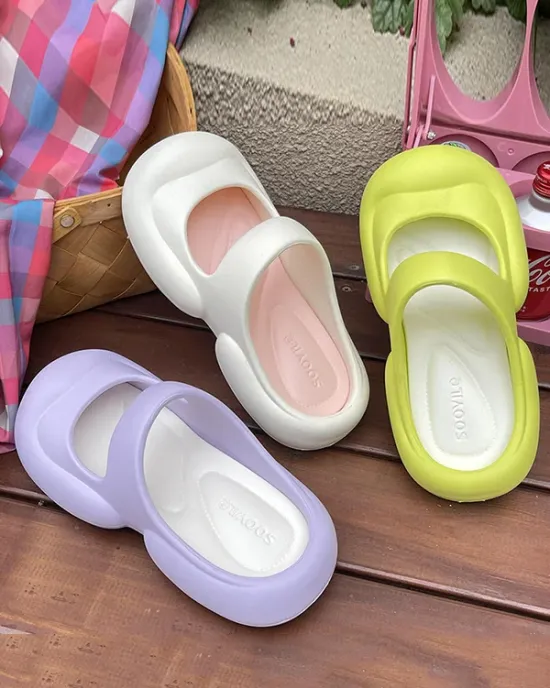 Hollow Round-Toe Solid Color Slider Sandals