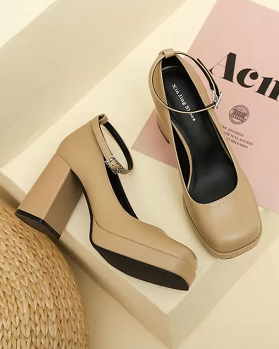 Lace-Up Shallow Cut Square-Toe Pumps Mary Janes