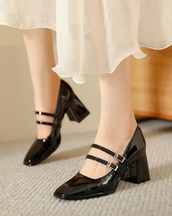 Shallow Cut Square-Toe Pumps Mary Janes