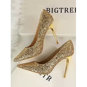 Pointed-Toe Sequined Shallow Cut Pumps