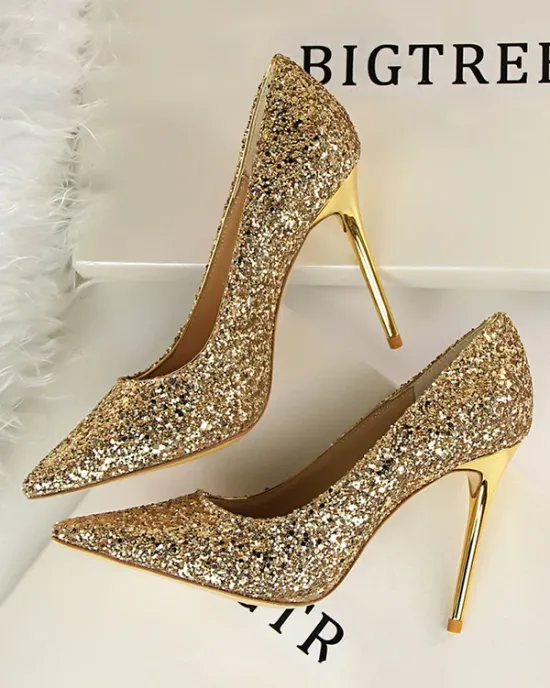 Pointed-Toe Sequined Shallow Cut Pumps