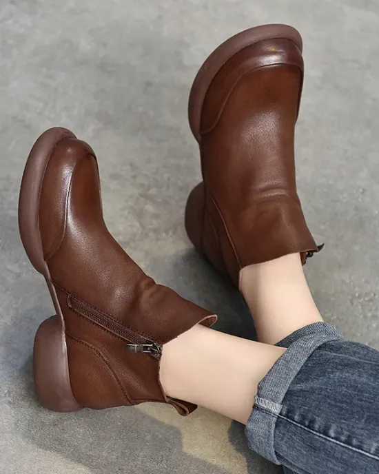 Round-Toe Solid Color Zipper Boots