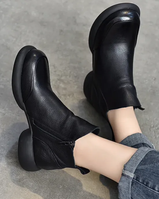 Round-Toe Solid Color Zipper Boots