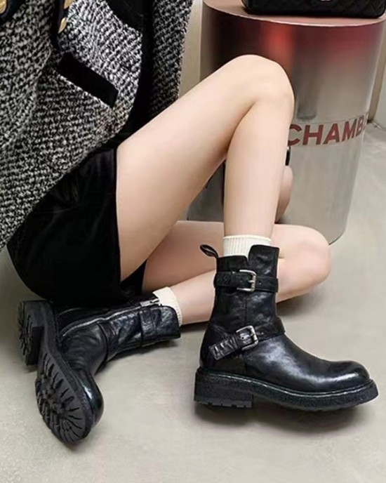 Belt Buckle Round-Toe Split-Joint Zipper Boots