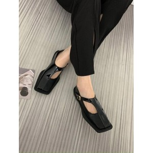 Buckle Hollow Split-Joint Square-Toe Loafers Flat Shoes