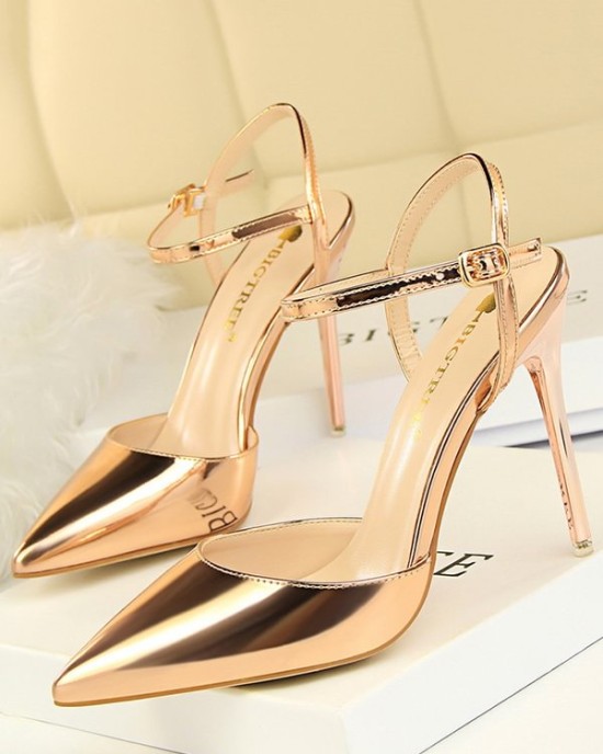 Belt Buckle Pointed-Toe Shiny Split-Joint Sandals Pumps