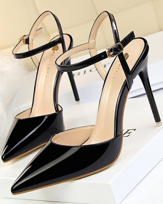 Belt Buckle Pointed-Toe Shiny Split-Joint Sandals Pumps