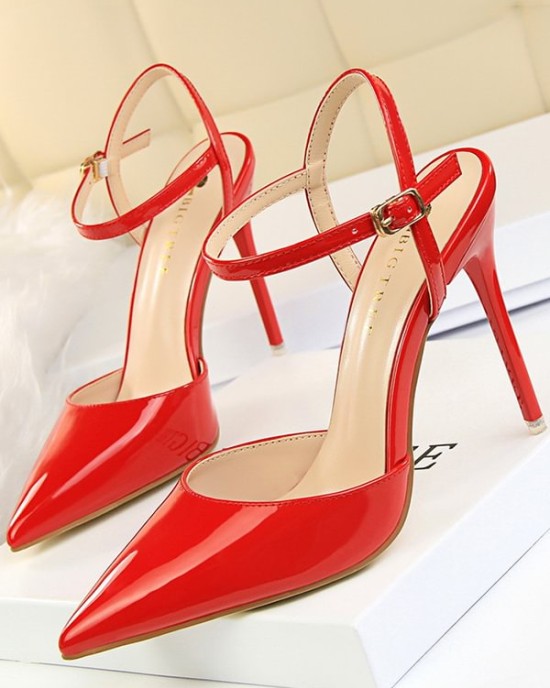 Belt Buckle Pointed-Toe Shiny Split-Joint Sandals Pumps