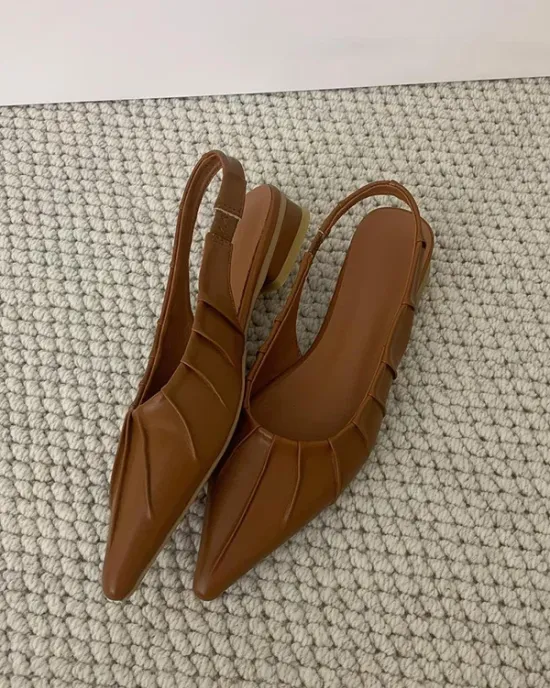 Pleated Pointed-Toe Solid Color Split-Joint Sling Shoes Sandals