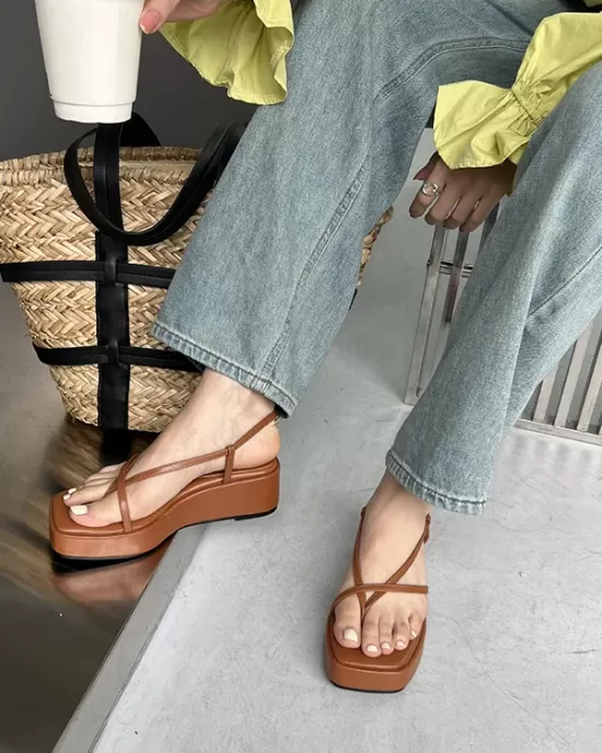 Belt Buckle Hollow Solid Color Square-Toe Sandals Platform Shoes