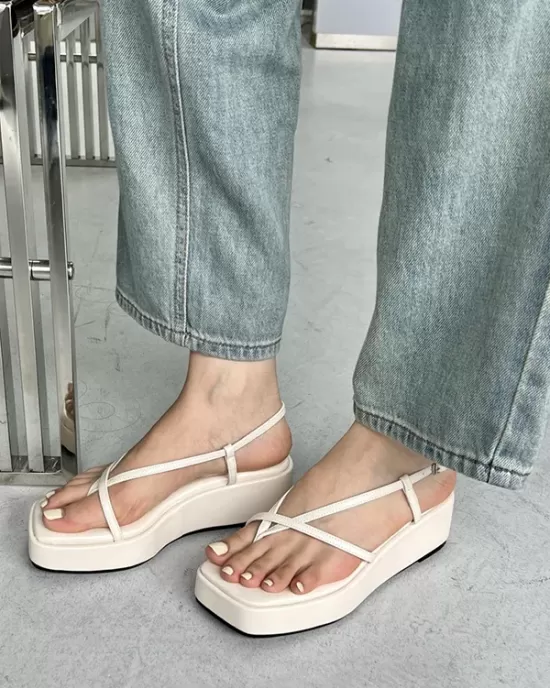 Belt Buckle Hollow Solid Color Square-Toe Sandals Platform Shoes