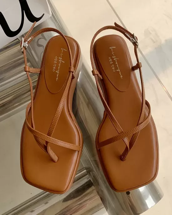 Belt Buckle Hollow Solid Color Square-Toe Sandals Platform Shoes