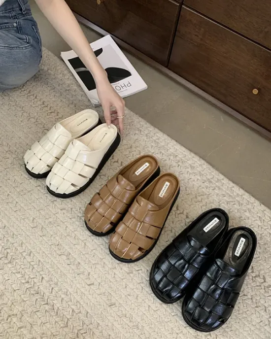 Hollow Round-Toe Split-Joint Woven Slippers&Mules Sandals