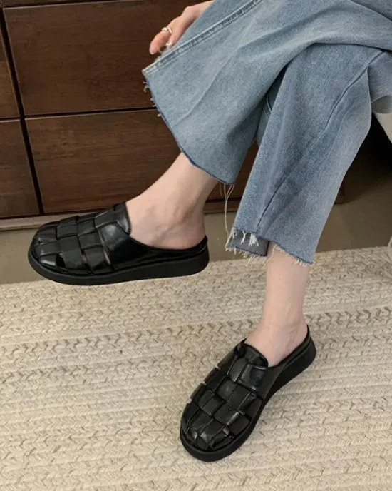 Hollow Round-Toe Split-Joint Woven Slippers&Mules Sandals