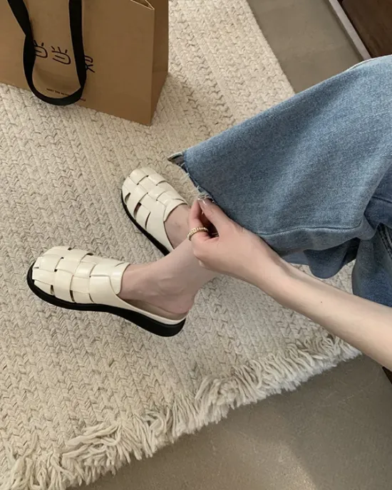 Hollow Round-Toe Split-Joint Woven Slippers&Mules Sandals