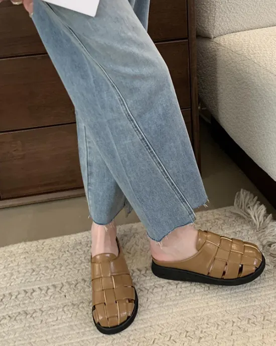 Hollow Round-Toe Split-Joint Woven Slippers&Mules Sandals