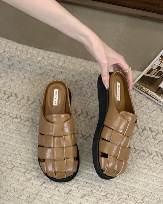 Hollow Round-Toe Split-Joint Woven Slippers&Mules Sandals