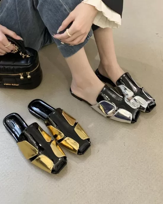 Contrast Color Hollow Split-Joint Square-Toe Slippers&Mules Sandals