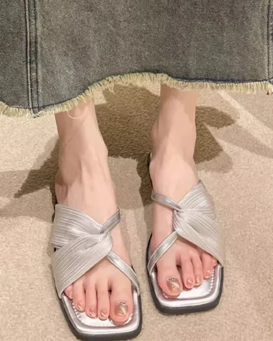 Pleated Split-Joint Square-Toe Slippers Sandals