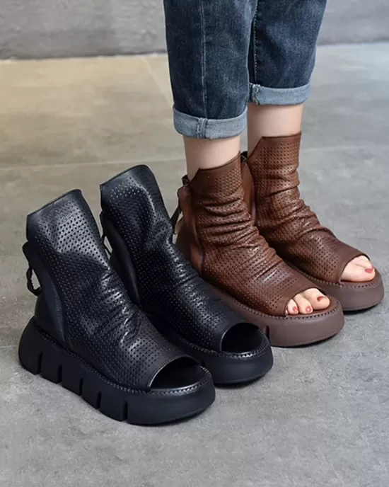 Urban Black Brown Zipper Hollow Platform Shoes