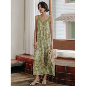 Vacation Sleeveless A-Line Floral Printed V-Neck Dress