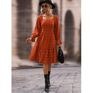 Bohemia Puff Sleeves A-Line Solid U-Neck Dress