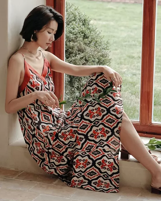 Vacation H-Line Floral Printed V-Neck Dress