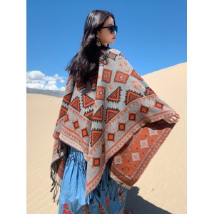 Casual Loose Print Patchwork Shawl&Cloak